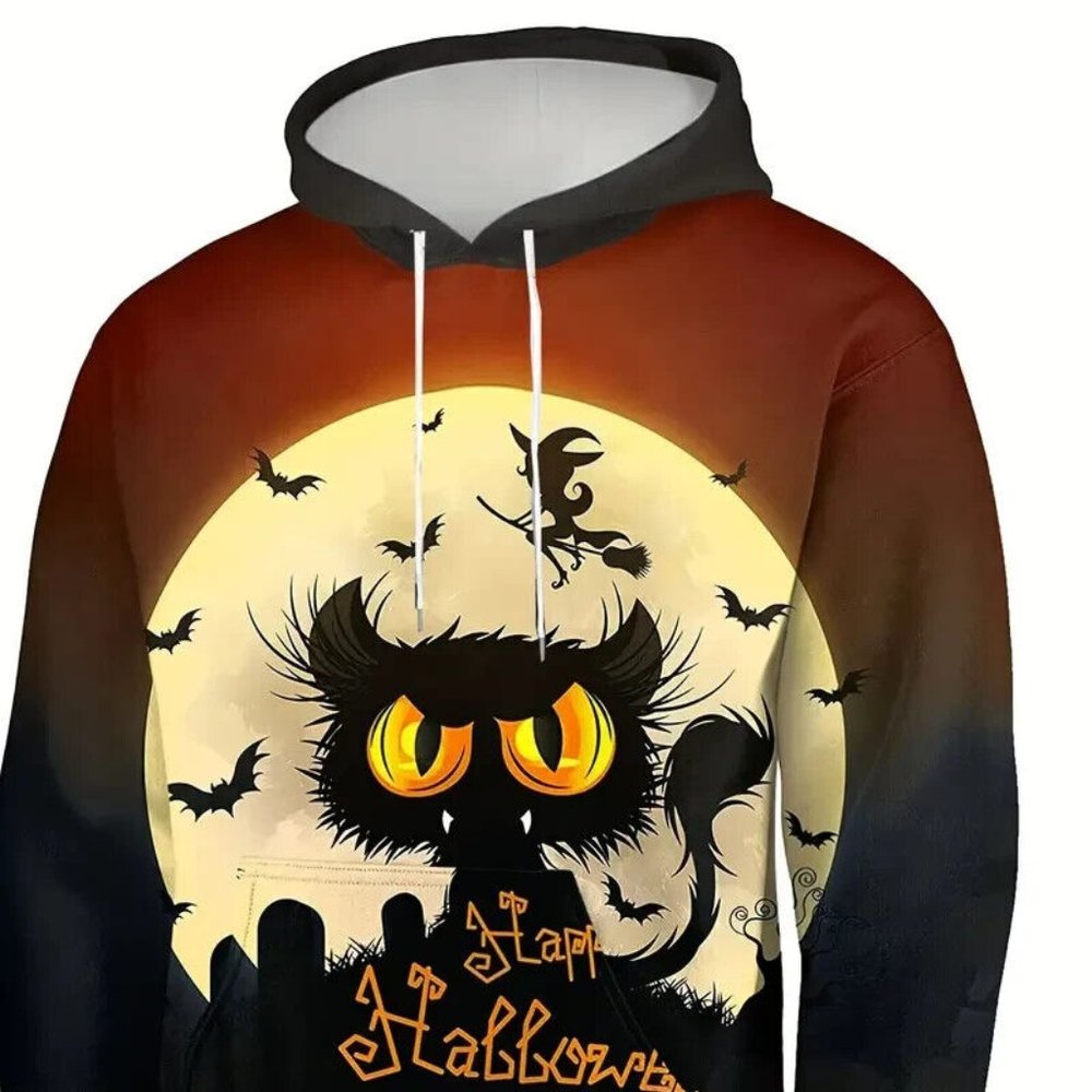 NEW Happy Halloween Print, Hoodies For Men & women, Graphic, With Pocket, L- cat